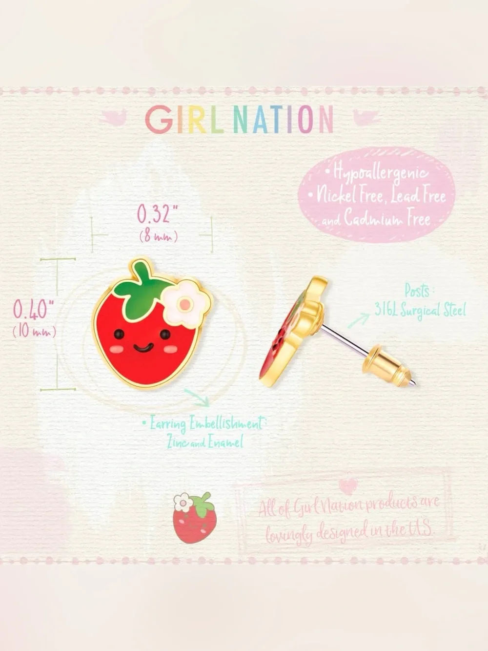 Girl Nation You’re Berry Cutie Stud Earrings Hypoallergenic & Non Toxic